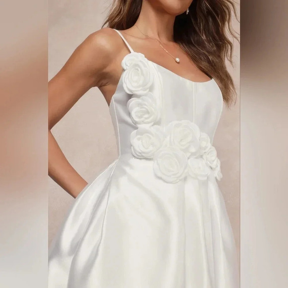 Lulu's Dreamy Forever White Taffeta Rosette Maxi Dress with Pockets S Wedding - Picture 4 of 12